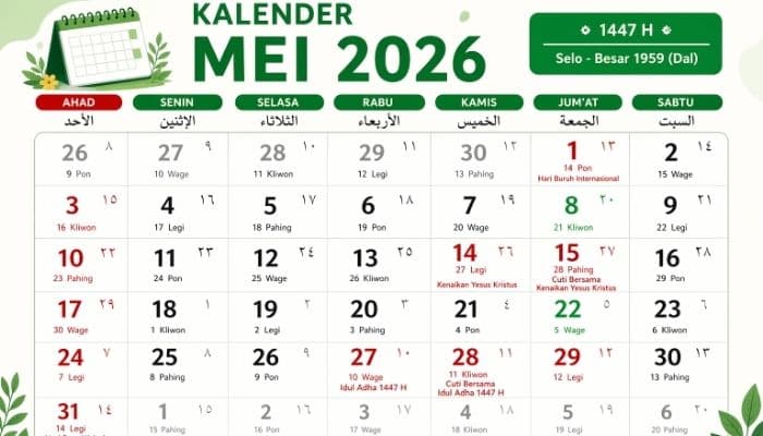 Daftar Tanggal Merah dan Cuti Bersama Bulan Mei 2026, Ada 3 Long Weekend