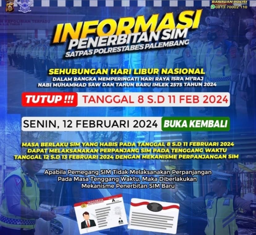 Jadwal Pelayanan SIM dan SKCK Polrestabes Palembang Saat Libur Isra Mir’aj dan Imlek 2024