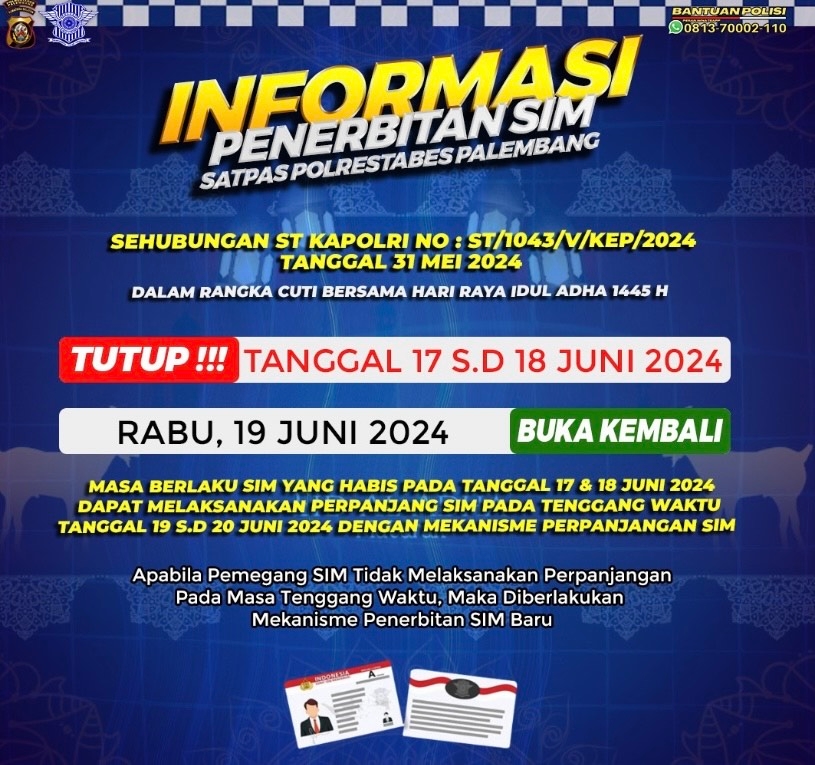 Catat! Ini Jadwal Buka Pelayanan SIM Polrestabes Palembang Usai Libur Hari Raya Idul Adha, Berikut Lokasi SIM Keliling