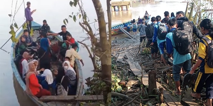 Anak Sekolah Terpaksa Gunakan Perahu untuk Menyeberang, Dampak Putusnya Jembatan di Lalan