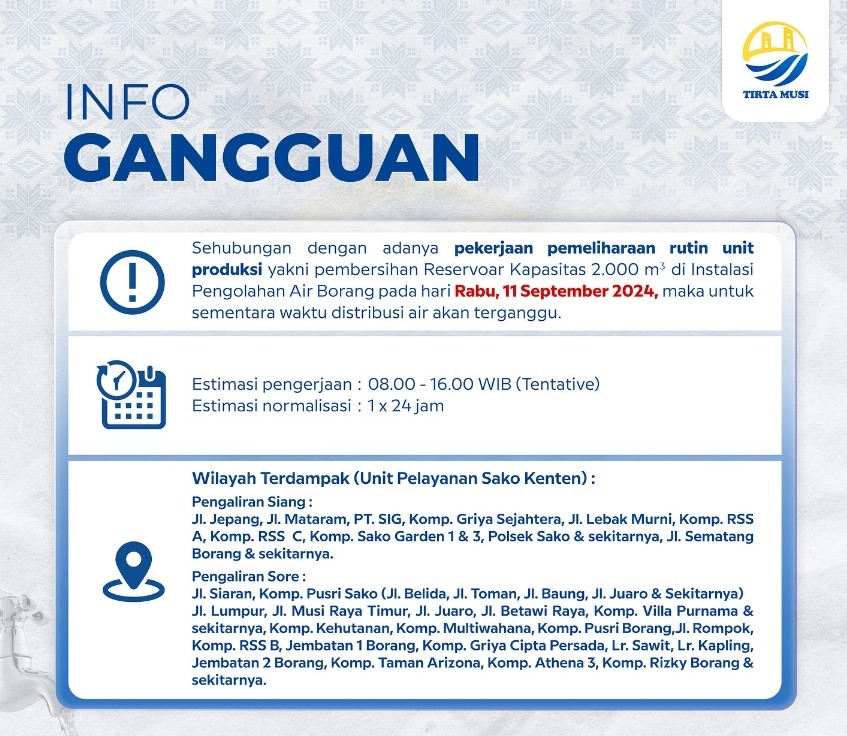 Lusa Nanti Ledeng di Palembang Akan Mati, Ini Daftar Wilayah yang Terdampak!