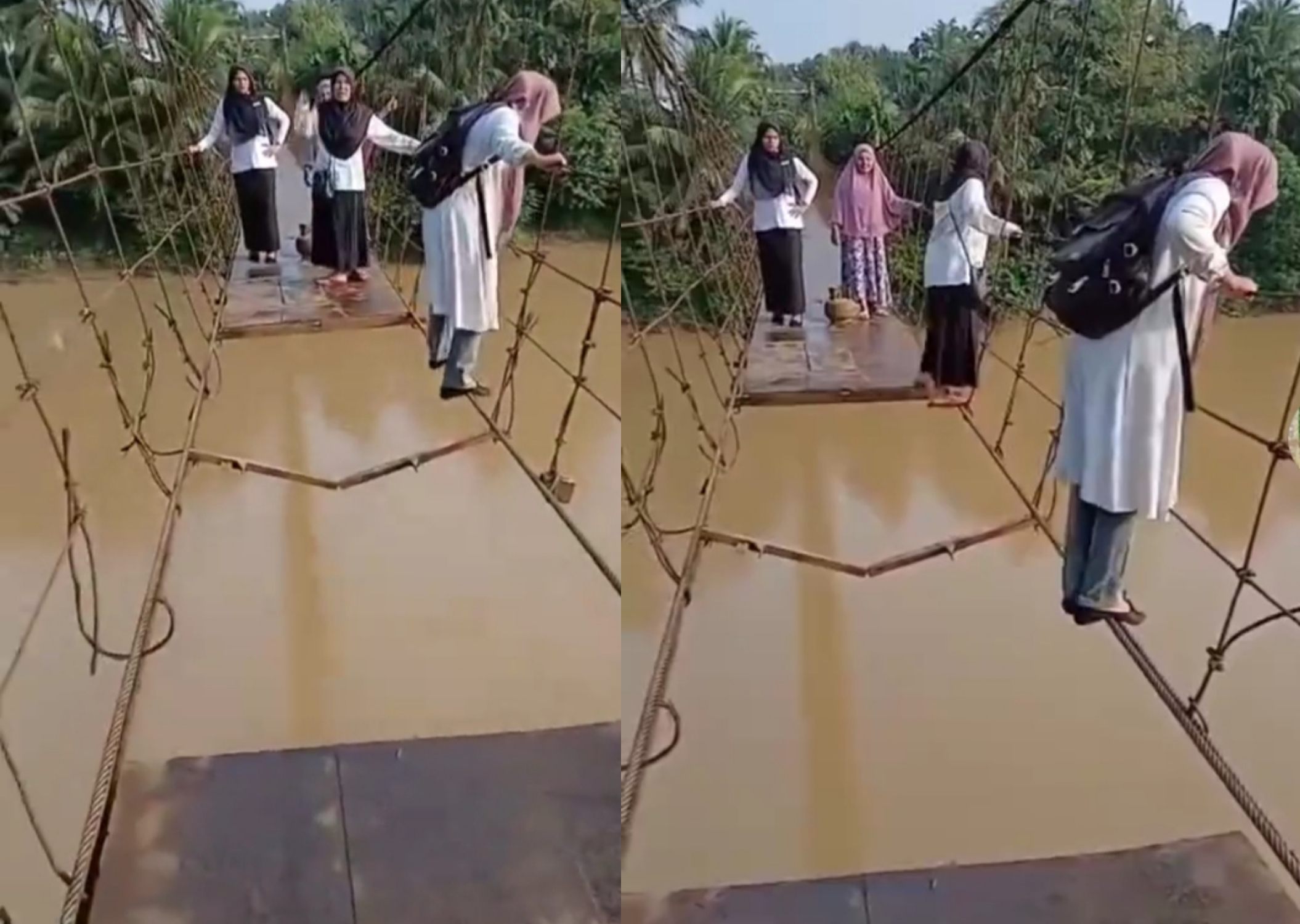 Perjuangan Guru SD di Pedalaman Merangin Jambi, Pertaruhkan Nyawa Sebrangi Jembatan Gantung Nyaris Putus Demi Mengajar