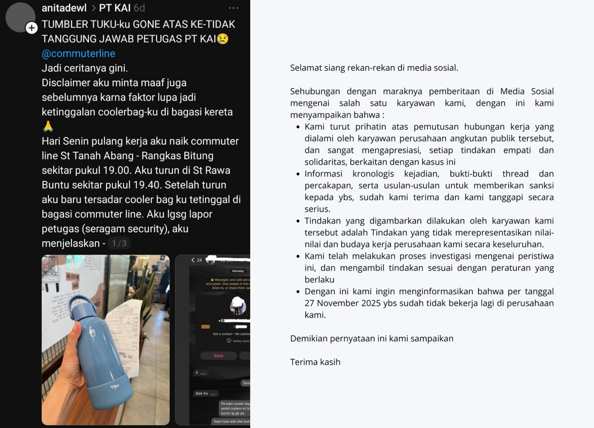 Buntut Viralnya Tumbler Tuku Hilang di KRL, Anita Dewi Juga Dipecat PT Daidan Utama